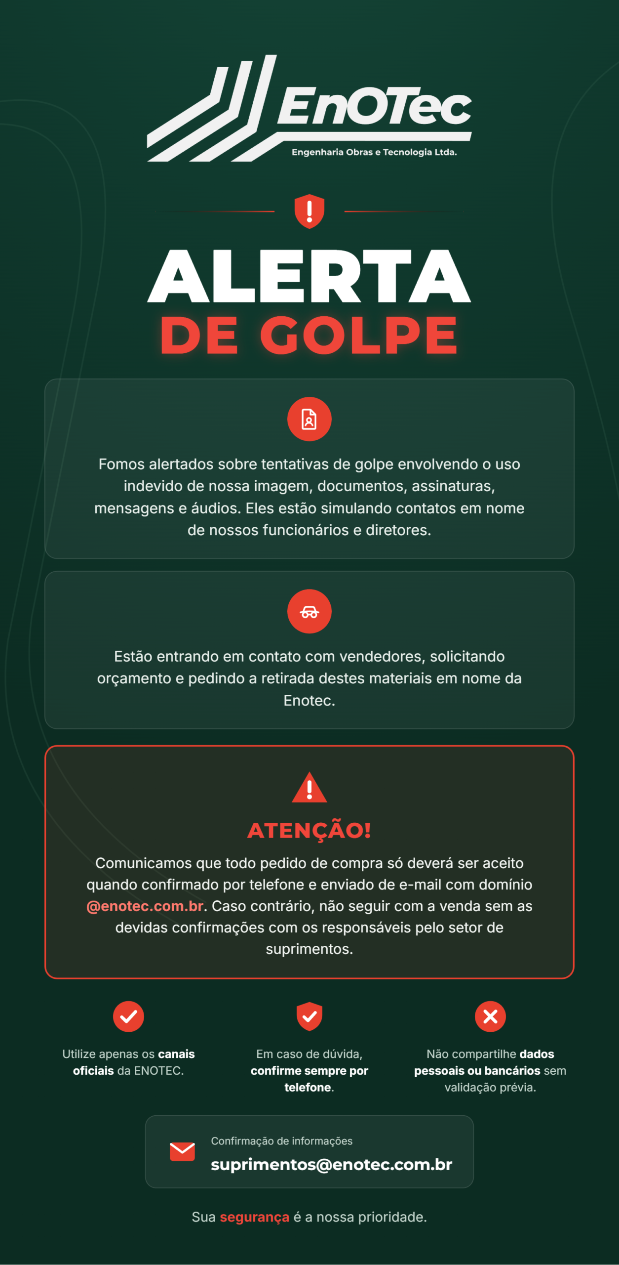 Alerta de Golpe Enotec - comunicado de seguranca